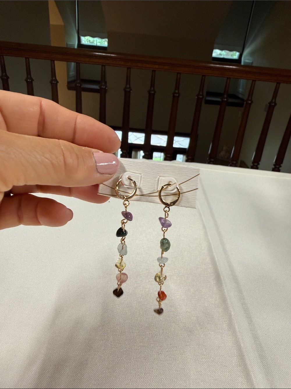 Gold Hoop Drop Earrings with Multicolor Gemstone Beads